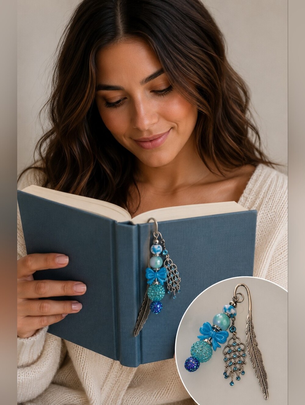 Blue Sparkle Beaded Bookmark | Feather Charm & Rhinestone Dangle | Handmade Gift